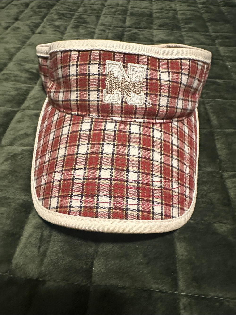 STARTER Red Plaid Visor with Cream Trim and Embroidered Nebraska Husker Patch